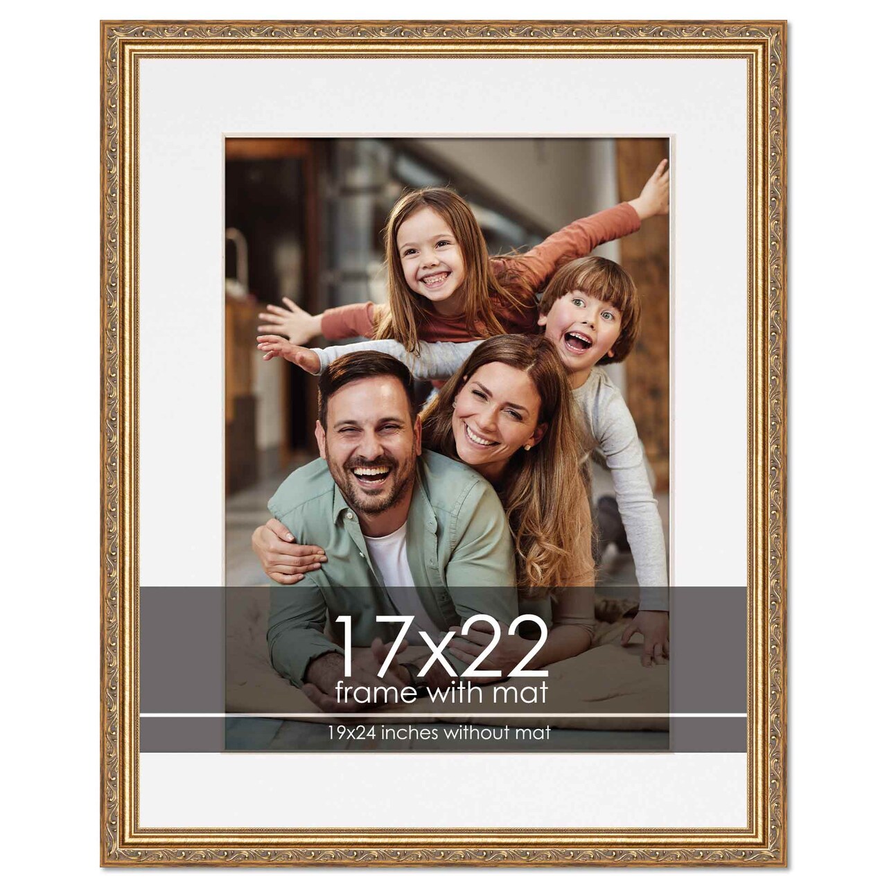 Antique Gold Frame with White Photo Mat, UV Acrylic Front, Foam Board Backing, 60 Sizes Available